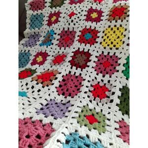 Crochet Blanket Handmade Flower Blocks Creme With Various Color Flowers 52×32